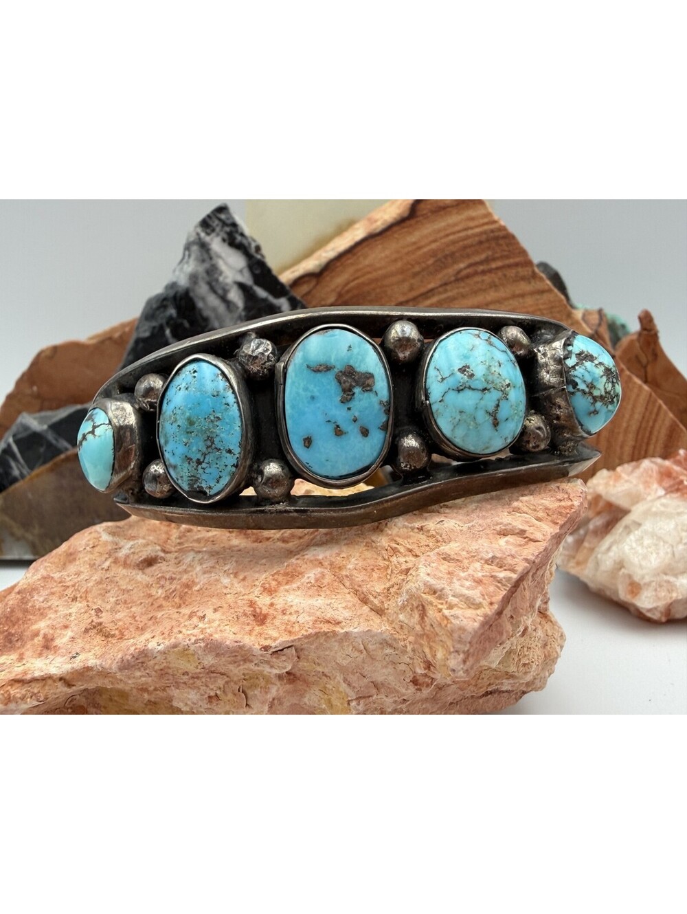 Vintage Native American Turquoise Multi-Stone Sterling Silver Cuff Bracelet